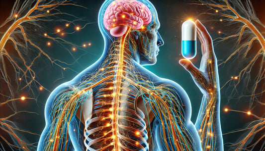 Highlighted nerves and a pill symbolizing nerve pain management.