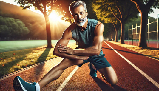 A man stretching after a morning jog in a vibrant park setting, conveying vitality and an active lifestyle.