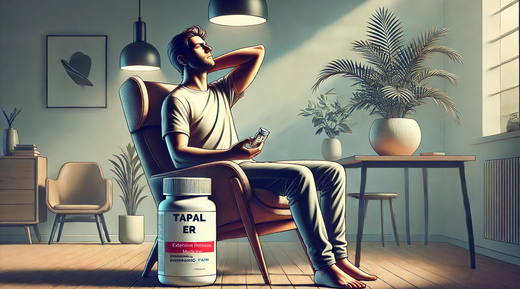 The man in a moment of relief, holding a medicine bottle labeled Tapal ER