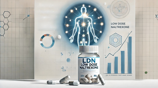 Pharmaceutical bottle labeled 'LDN', and includes graphical elements representing improved health conditions.
