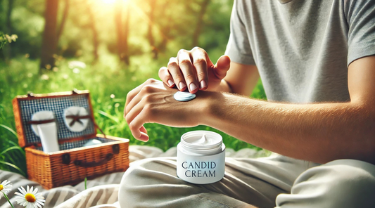 A person applying Candid Cream on the skin for rashes.