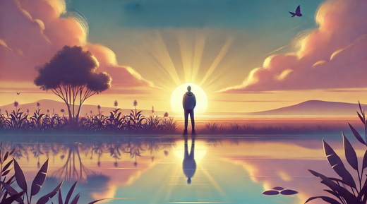 Hopeful landscape with a silhouette of a person contemplating the rising sun.