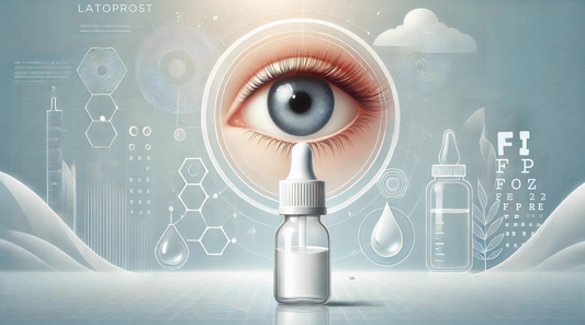 Latoprost eye drop bottle and a clear eye close-up.