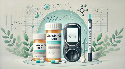 Pill bottle labeled 'Jardiance Duo', a blood glucose meter.
