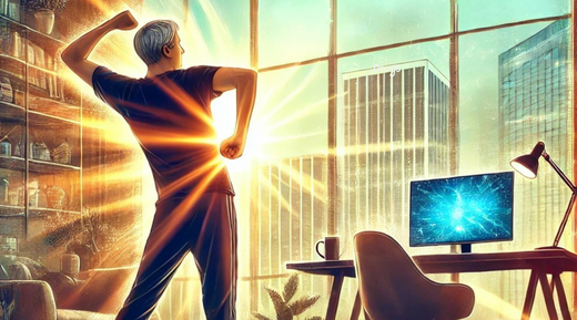 A man stretching energetically in a sunlit urban apartment, symbolizing a vibrant start to the day.