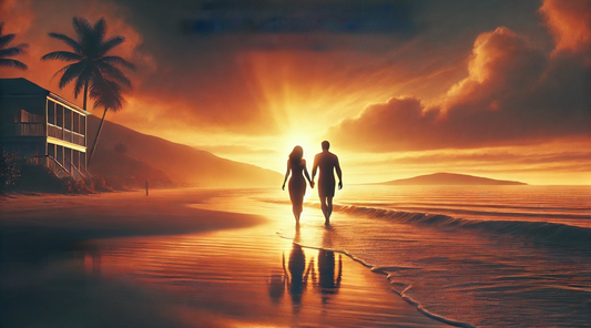 A couple walking hand in hand captures a peaceful and romantic atmosphere.