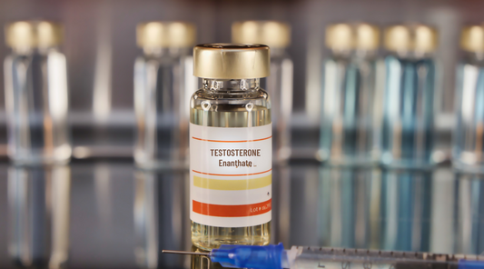 Vial of Testosterone Enanthate with syringe on a stainless steel background.