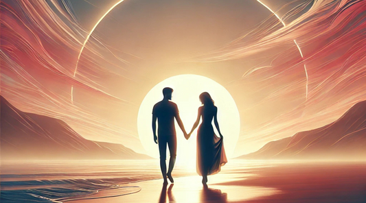 a couple holding hands and walking on a beach at sunset, capturing a sense of connection and tranquility.