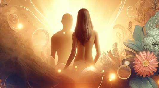 Couple getting close with abstract elements, soft glowing lights, and subtle floral motifs, conveying a sense of connection and rejuvenation.