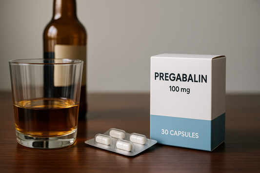 Pregabalin 100 mg box with capsules placed beside a glass of alcohol and a beer bottle.