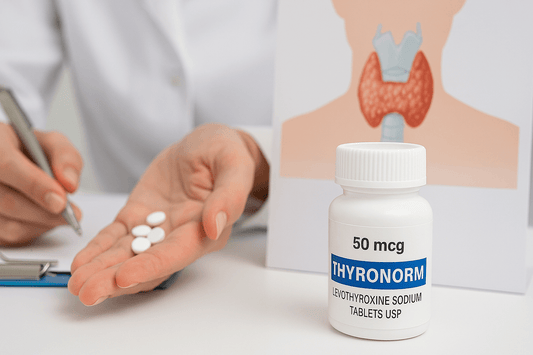 Thyronorm 50 mcg tablets for hypothyroidism treatment – doctor consultation with thyroid diagram in background.