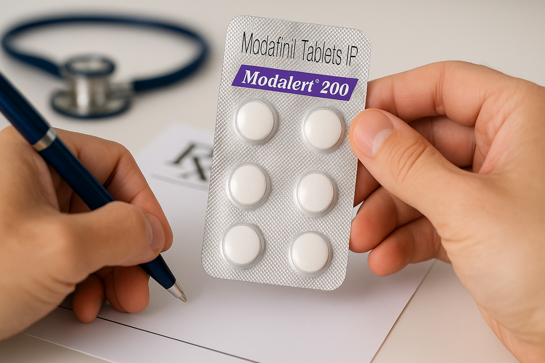 Guide to responsibly purchase Modalert with prescription and stethoscope.