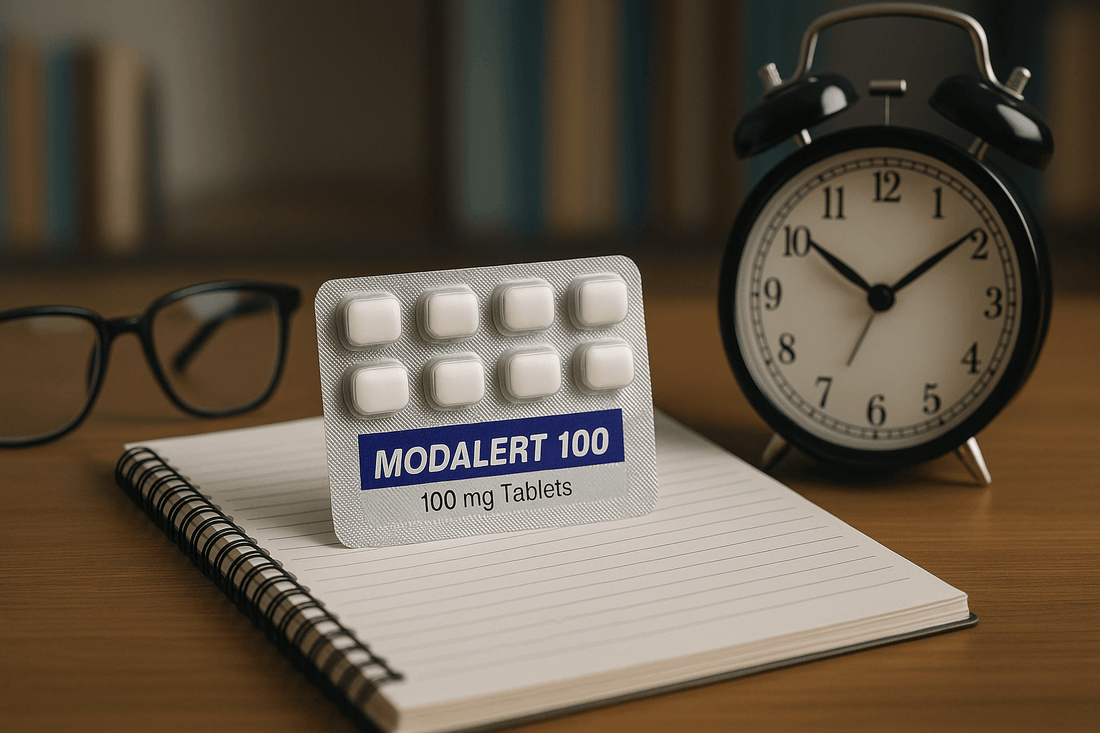 Modalert 100 tablets with clock and notebook symbolizing focus and wakefulness.