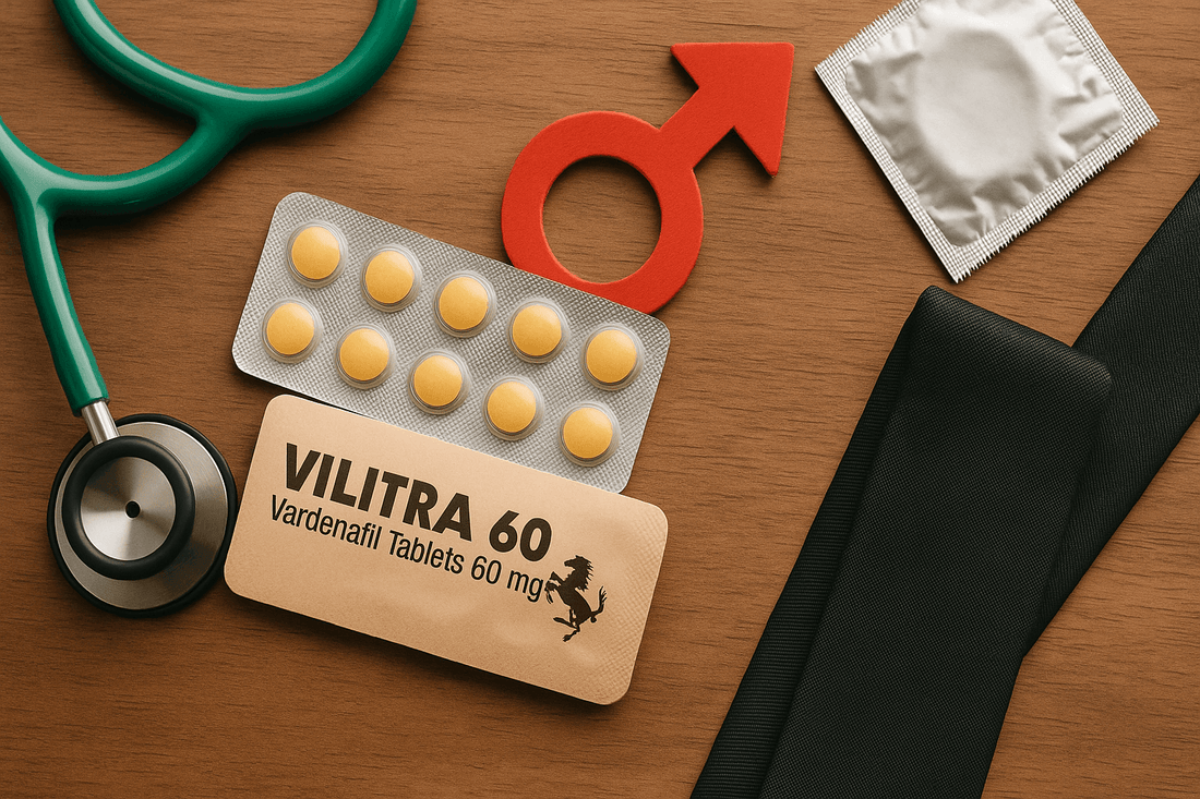 Vilitra 60 blister pack with stethoscope, condom, and male symbol on a wooden surface.