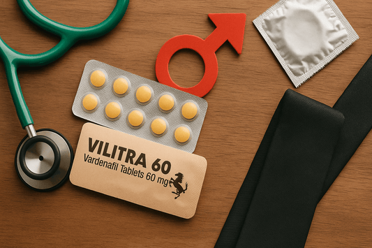 Vilitra 60 blister pack with stethoscope, condom, and male symbol on a wooden surface.