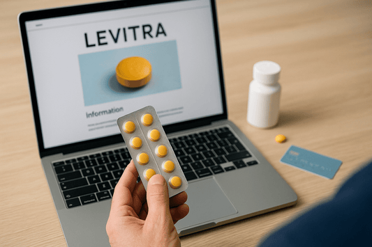 Hand holding Levitra tablet pack in front of laptop showing online purchase.