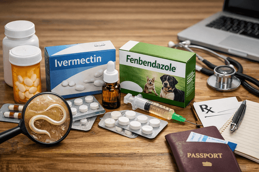 Ivermectin and fenbendazole medicines displayed for parasitic treatment and prescription use.