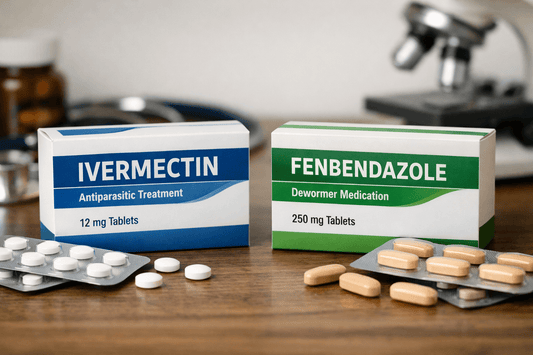 Ivermectin and fenbendazole antiparasitic tablets displayed side by side for medical comparison