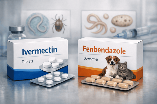 Fenbendazole vs ivermectin comparison showing veterinary dewormer and human antiparasitic tablets side by side.