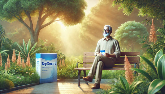 A man sitting in nature happily pain free with the assistance of Tapsmart medicine