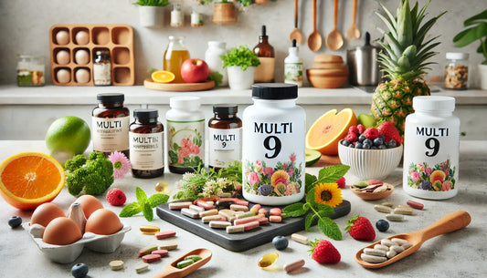 Multi 9 supplement surronded around the fruits and vegetables, denoting the benefits of content in the supplement.