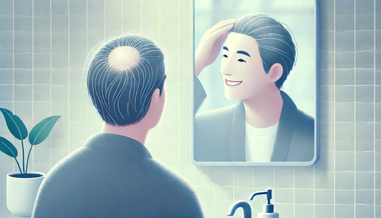 A person happily observing their hair growth in a mirror