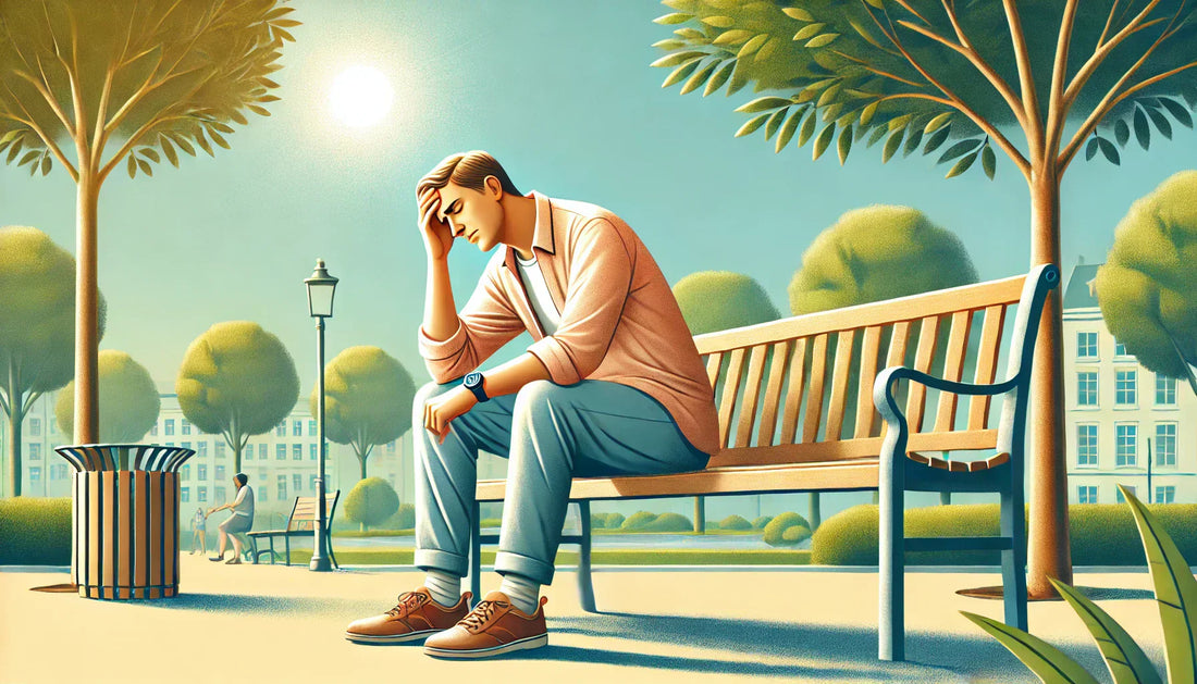 A person struggling with pain during the daytime in a park setting.