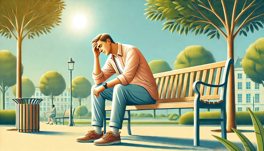 A person struggling with pain during the daytime in a park setting.