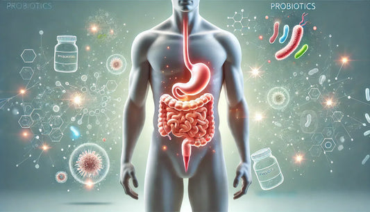 Healthy human gut in the foreground with a subtle background of glowing probiotic elements.