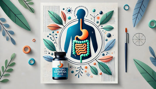 healthy human digestive system and a stylized bottle of Enterogermina Plus.