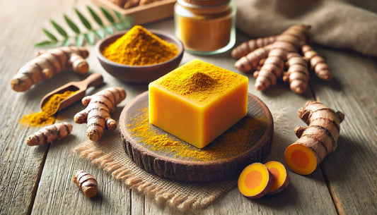 The turmeric soap and its natural ingredients.