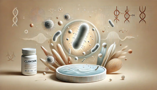 Clamoxin's action against bacteria, with antibiotic molecules and stylized bacteria.