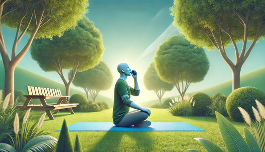 A person in a tranquil outdoor setting practicing breathing exercises, reflecting the theme of asthma management.