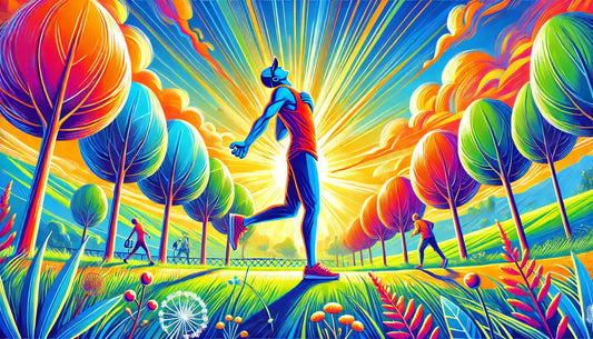 A man joyfully running in a bright and colorful park.