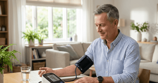 Man monitoring blood pressure at home with Tazloc 40 telmisartan tablets on table