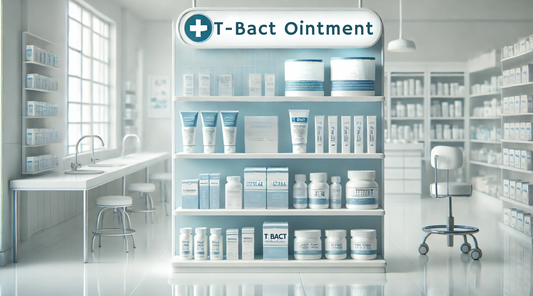 A clean and professional setting with a T Bact ointment displayed.