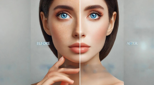 Comparison of a face before and after treatment with Melalite