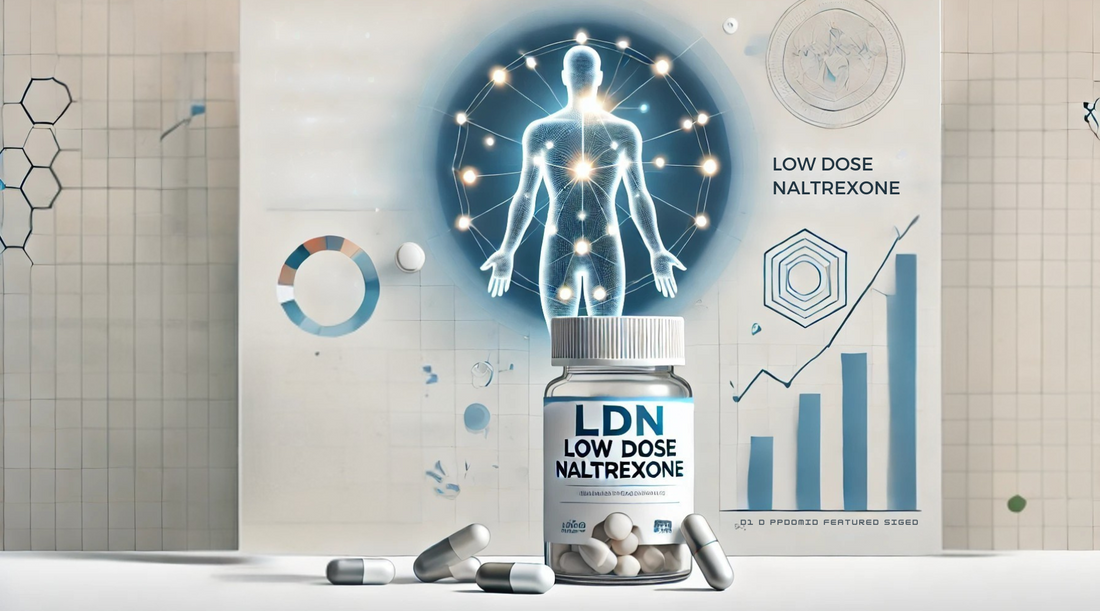 Pharmaceutical bottle labeled 'LDN', and includes graphical elements representing improved health conditions.