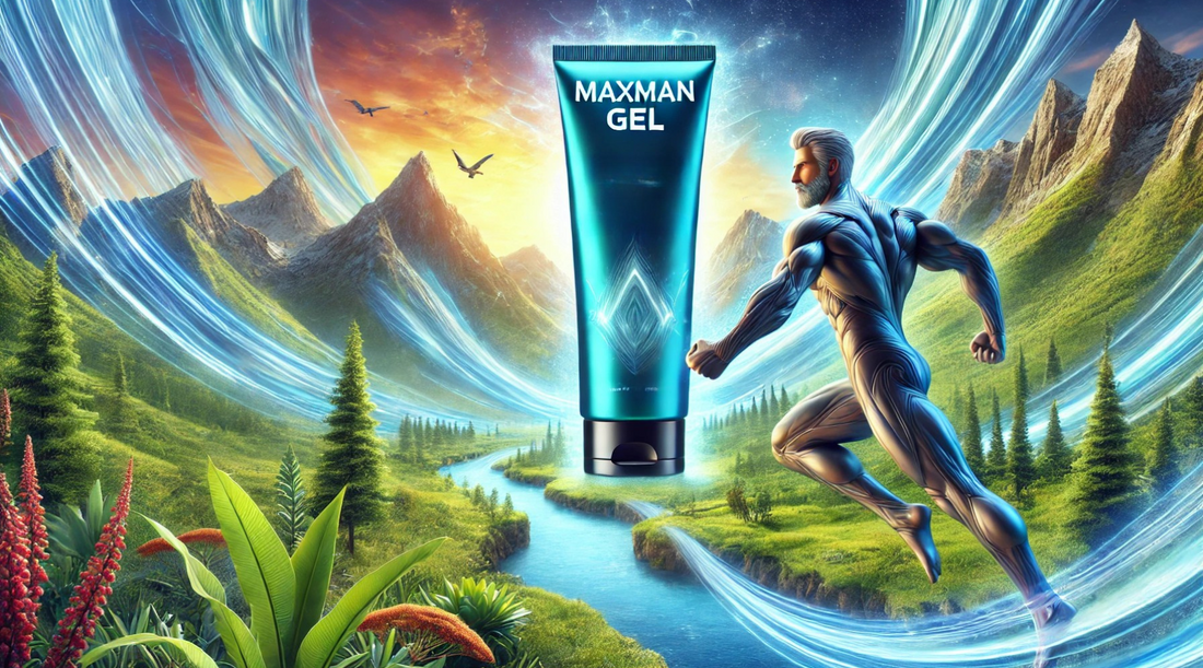 Maxman Gel" in a gel tube form, set against a vibrant and futuristic landscape with dynamic visual elements