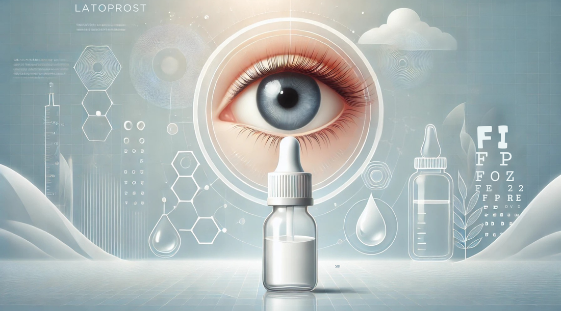 Latoprost eye drop bottle and a clear eye close-up.