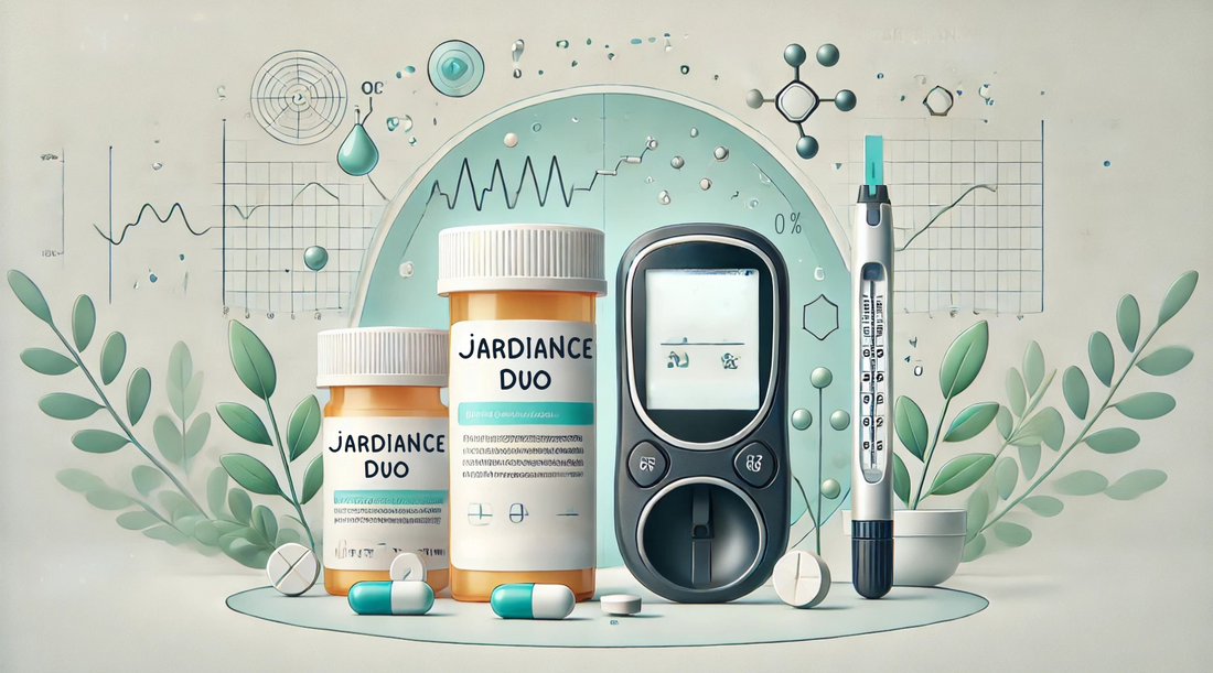 Pill bottle labeled 'Jardiance Duo', a blood glucose meter.