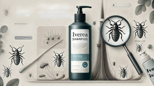 a sleek shampoo bottle labeled 'Ivrea', along with magnified lice and showcasing the effectiveness of the shampoo
