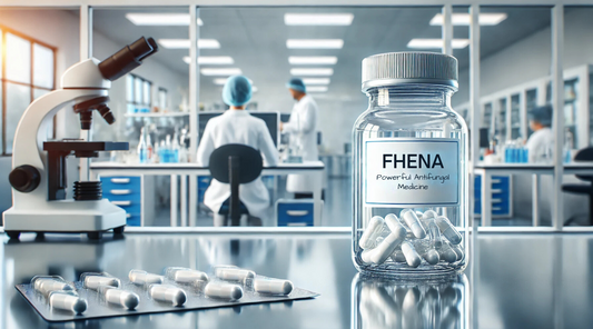 Fhena medicine kept on the table in a bottle with a setup of laboratory.