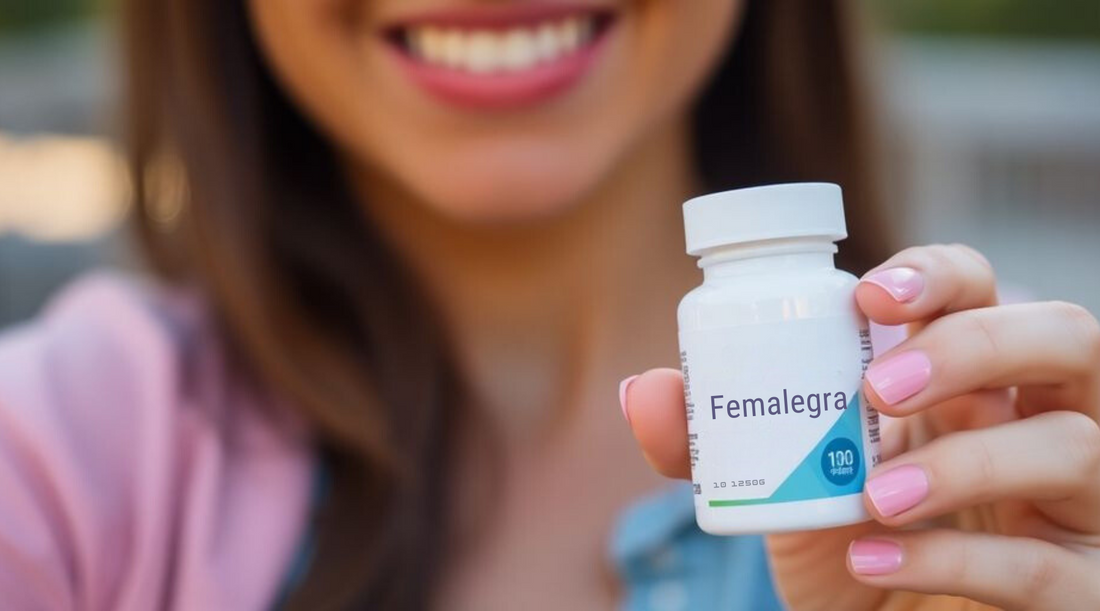 Woman holding a medicine's bottle, representing Femalegra.