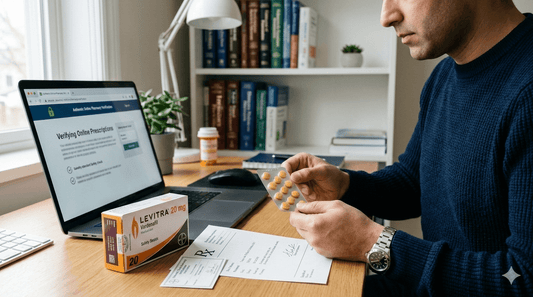 A man at a home desk holding a blister pack of medication next to a laptop showing a prescription verification website.