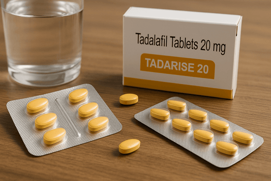 Tadarise 20 tadalafil tablets with blister packs and water