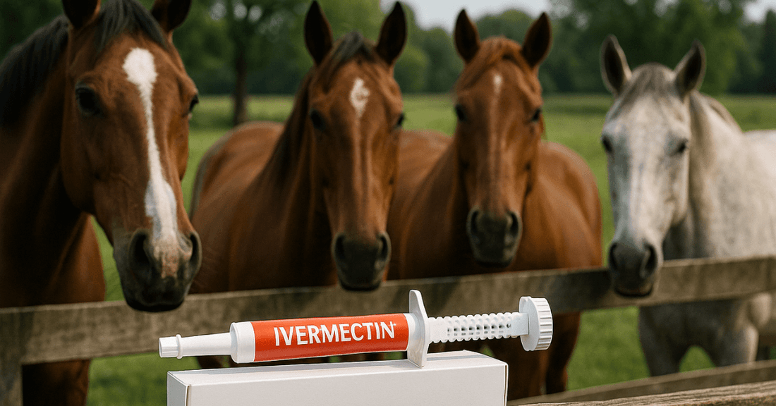 Ivermectin in front of horses standing at a fence.