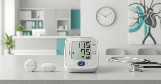 Lisinopril and captopril tablets placed beside a digital blood pressure monitor and stethoscope in a clean clinical setting.