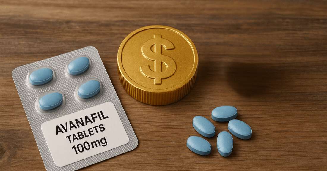 Avanafil 100mg tablets with gold coin symbolizing price and value