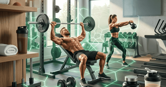 Man bench pressing barbell while woman swings kettlebell in modern home gym